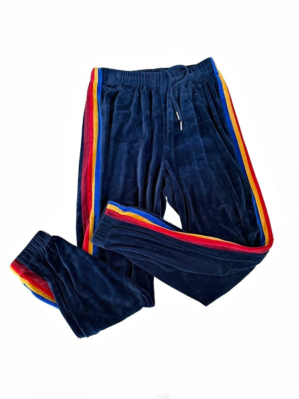 Garage Navy Velour Pants Rainbow Stripe Track Joggers Size Small